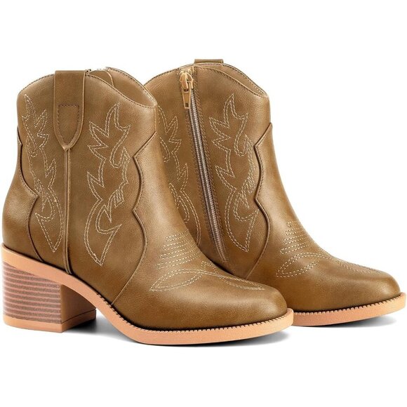 Women Polyurethane Mocha Embroidered Round Toe Short Ankle Chunky Heel Boot - Picture 2 of 7